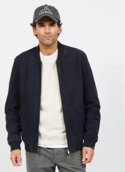 Blouson Col Rond Regular Fit En Cuir | Bleu -BALIBARIS Boutique 3839542